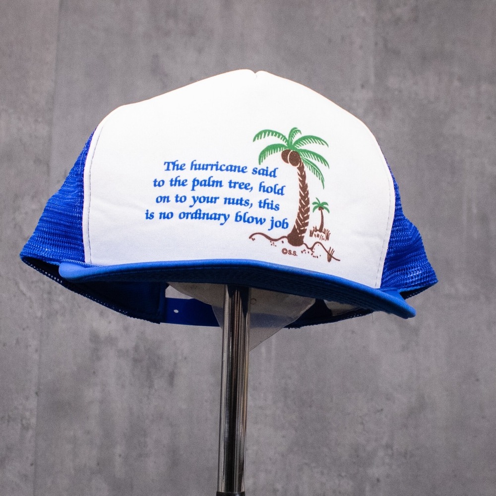Vintage VTG 1990s Palm Tree Comedy Humor Meme Blue Trucker Hat